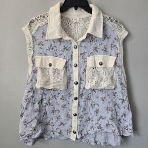Pol Floral Button Down Sleeveless Womens Medium Top Gauze Blue Boho Crochet Lace